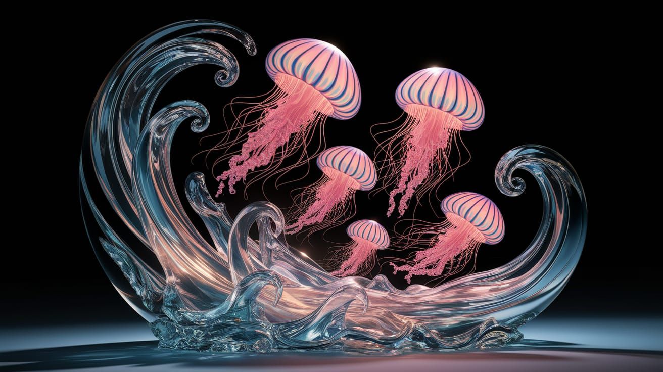 digital painting of a fantasy glass sculpture of several jellyfish swimming together in the glass waves, ...  by @Spearmint