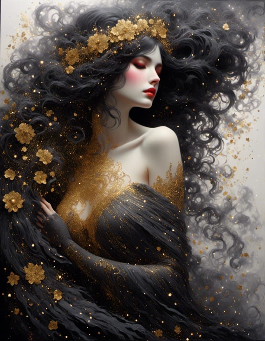 Enigmatic Woman in Art Deco Style with Swirling Details