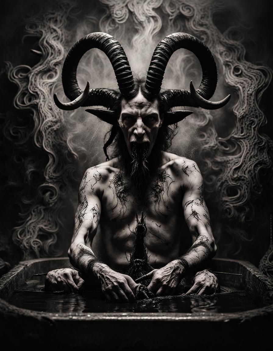 Photograph portrait Infernal Baphomet spitting blood and spiders ...