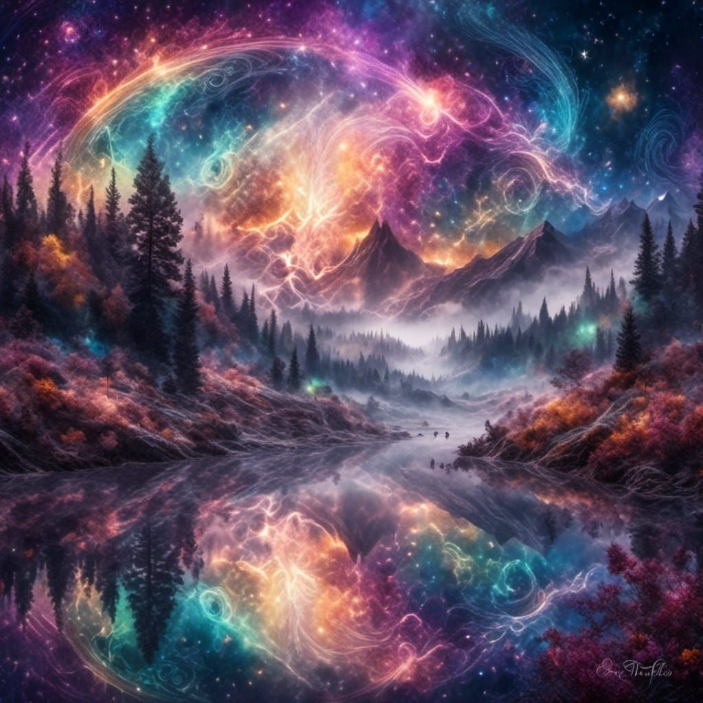 <lora:Glitter sparkle star:1.0> Fantasy landscape, rainbow cosmos, electrical sparkles, silver smoke, misty, glitter, sparkle, luminescence,...