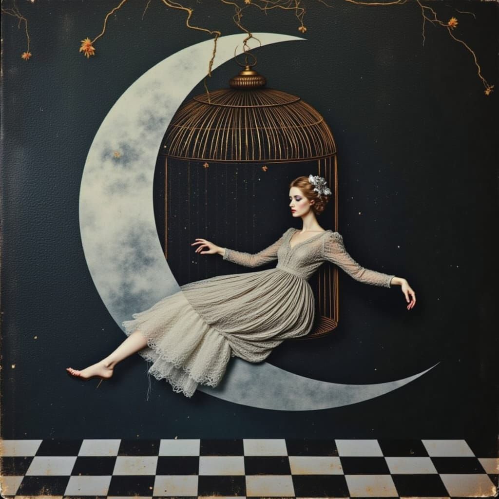 <lora:Blur:1.0> <lora:psychedelic:1.0> <lora:Glitched:1.0> A surreal scene: a girl floating in a bird cage against the backdrop of the moon ...
