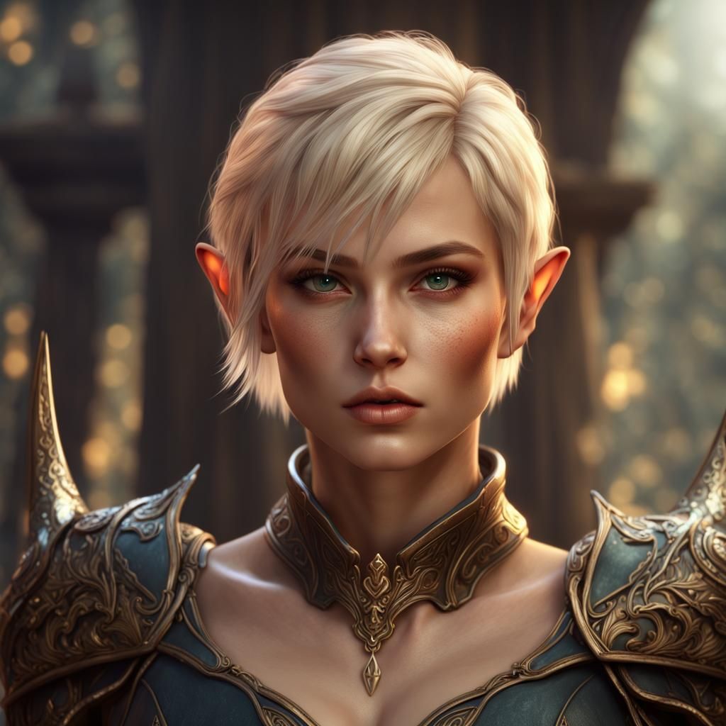 Blonde elf female with short hair and green eyes. - AI Generated Artwork -  NightCafe Creator