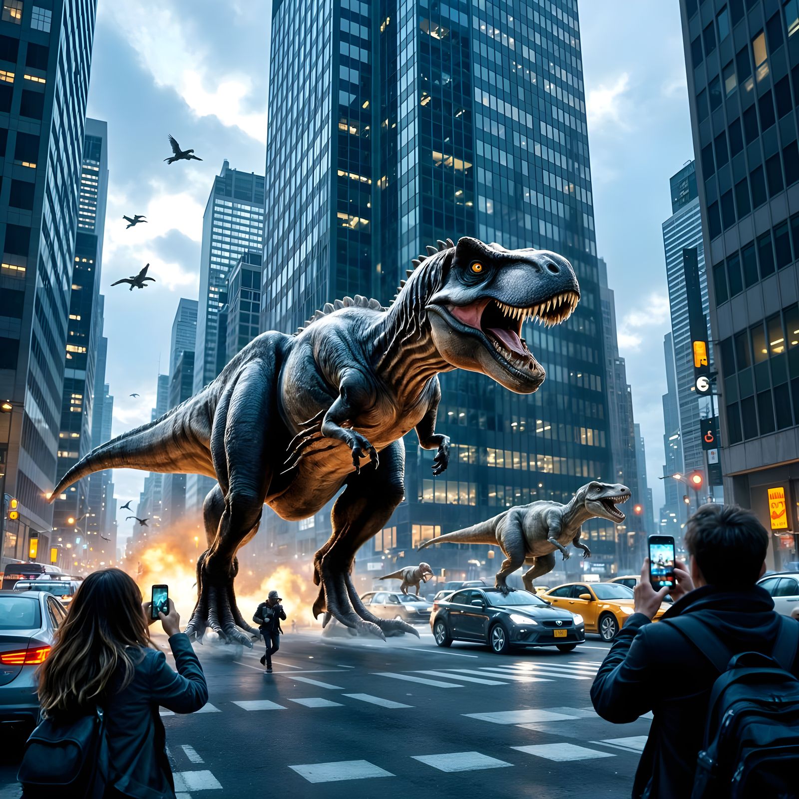 imagine dinosaurs roaming freely through the streets of a modern city. A T-Rex strides past a skyscraper, ...  by @Londo Mollari