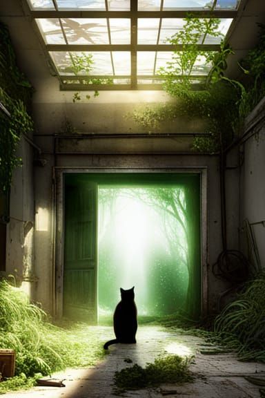 cat silhouetted in doorway abandoned building  by @RubySkube