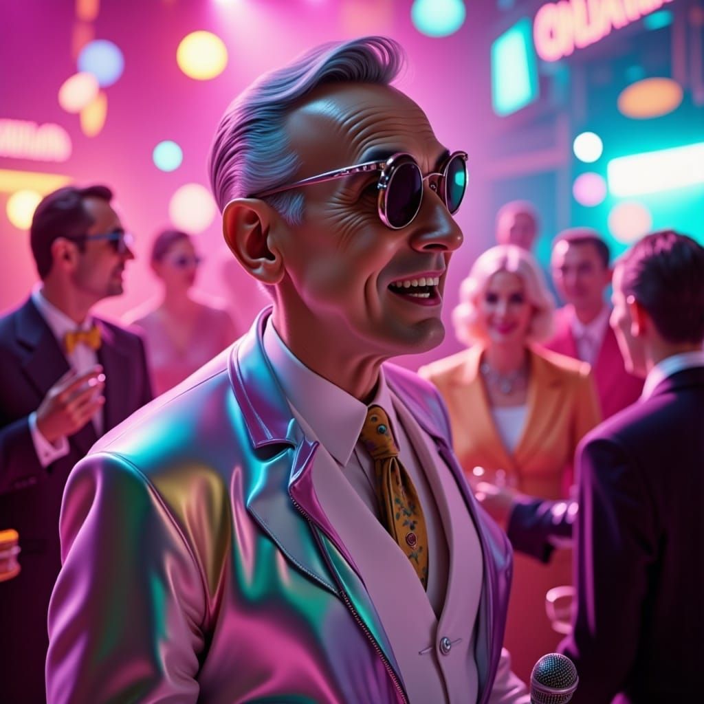 <lora:Sugar Rush:1.0> hyperrealism, retrofuturism, pastel, chrome, a lounge singer singing in a busy nightclub