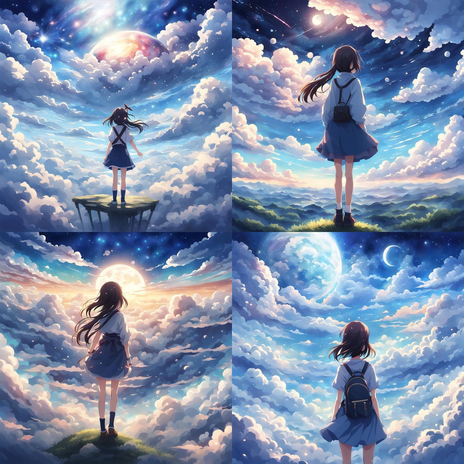 Anime girl in the clouds with her back, beautiful cosmos sky - AI Generated  Artwork - NightCafe Creator