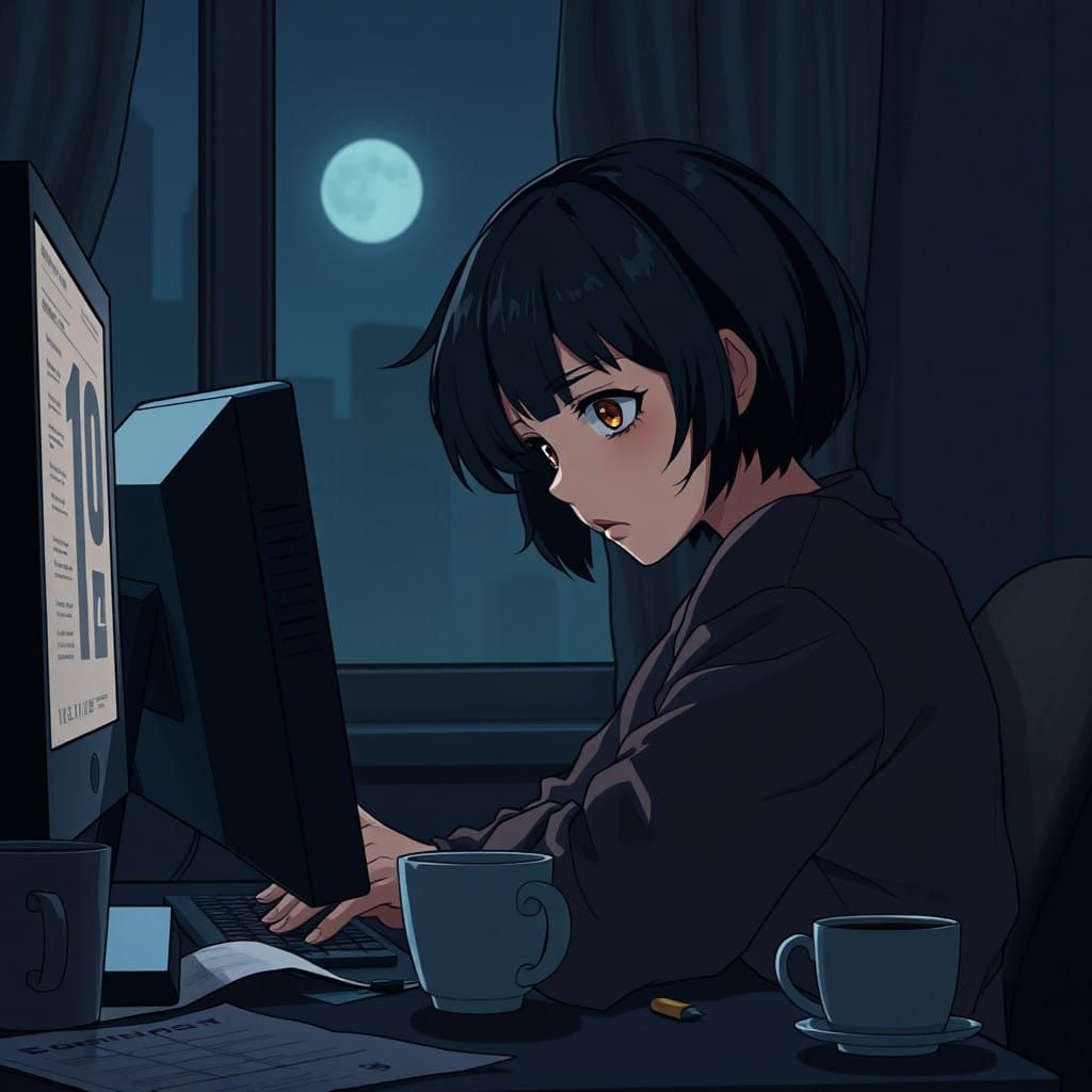 A Melancholic Anime Woman in Despair, Lit Only by Her Comput...