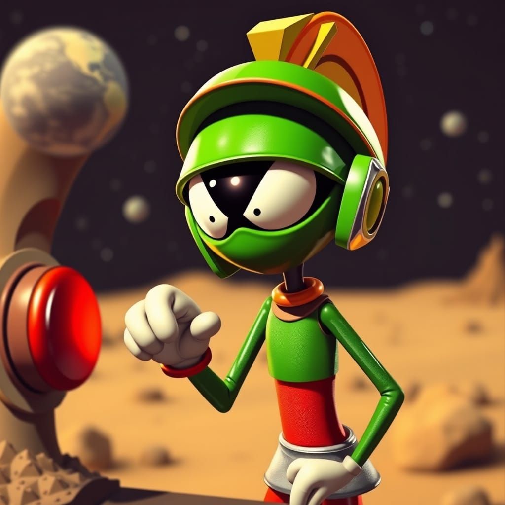 Marvin the Martian getting ready to push the red button to  launch the rockets to destroy Earth.  by @Dantonio