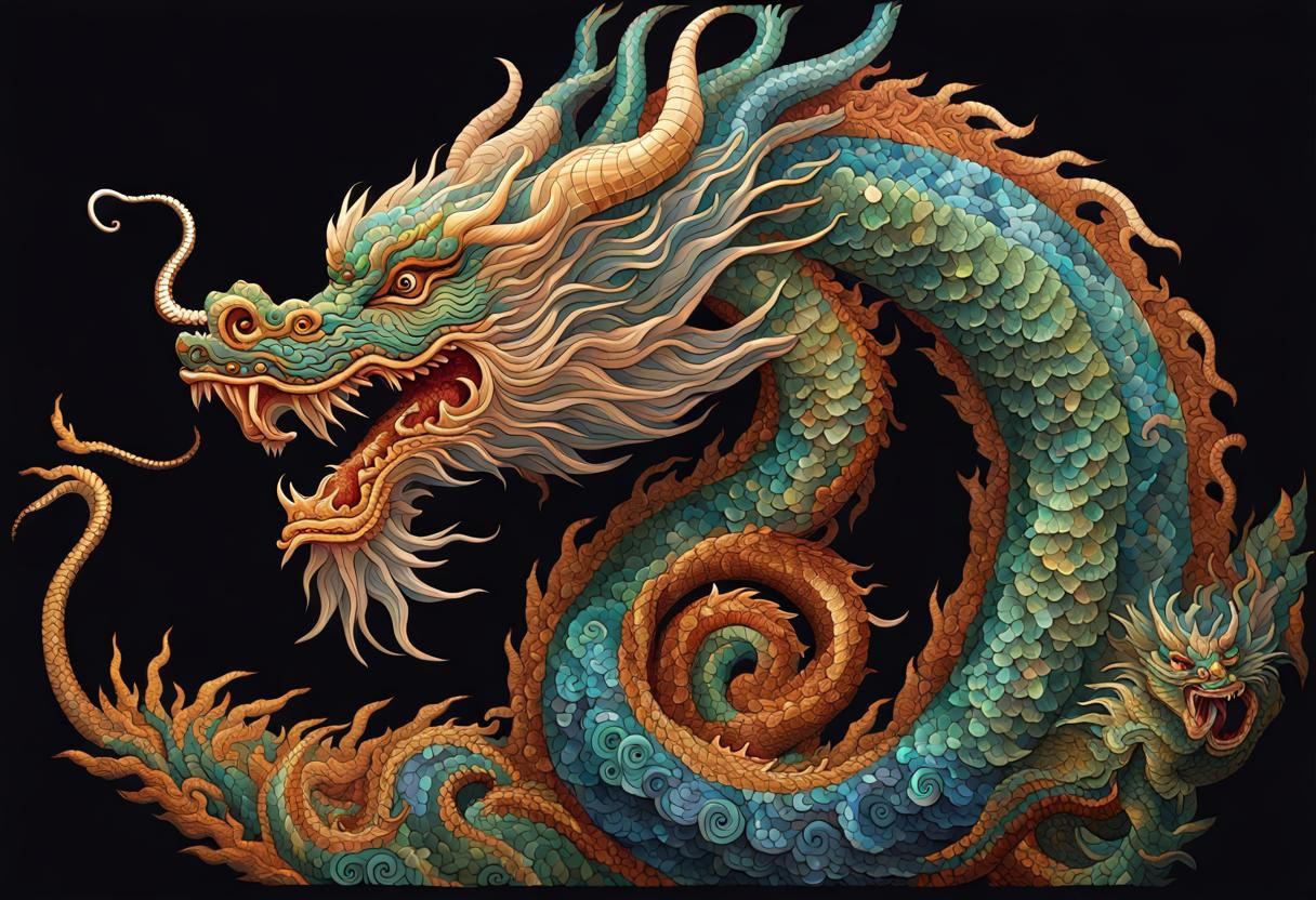 Spiraling Chinese dragon wood mosaic illustration intricately detailed ...