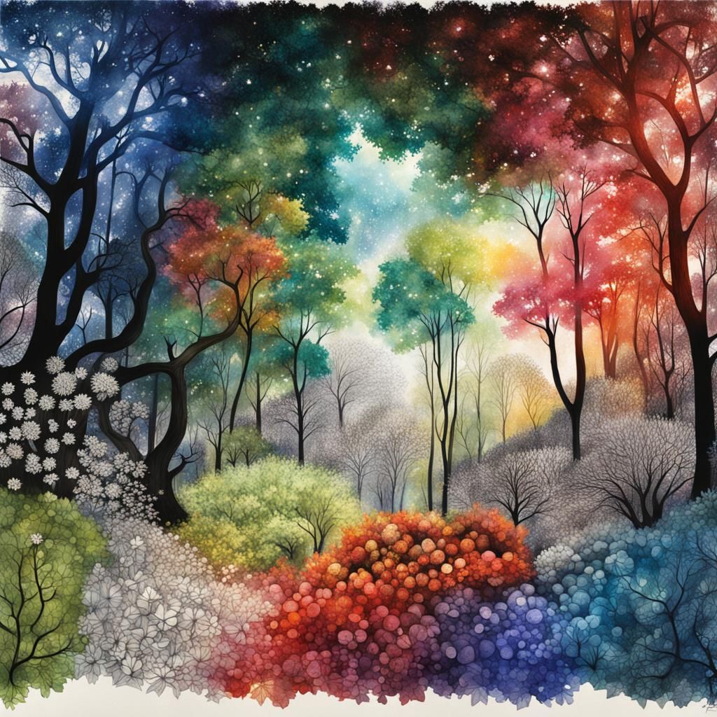 Picture an enchanted forest filled with trees and blossoms, ...