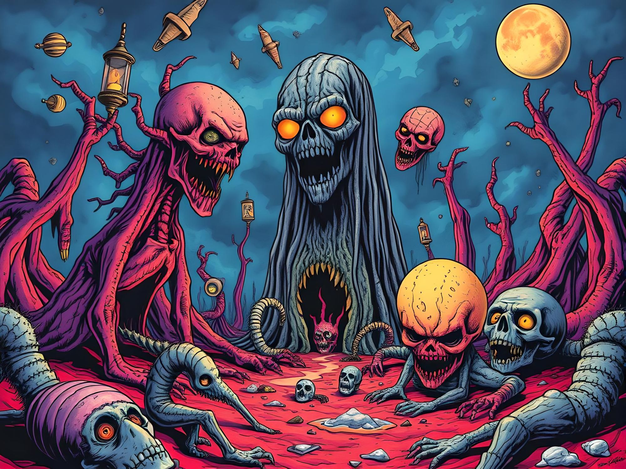 horror dmt, trip art, comics style, many surreal creepy objects