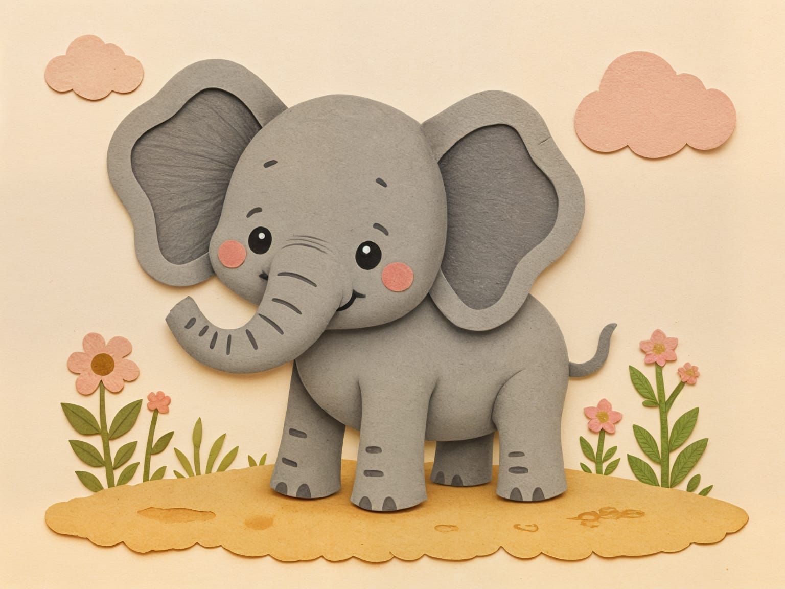 <lora:ImPressed:1.0> , baby elephant scene with a  handmade paper texture