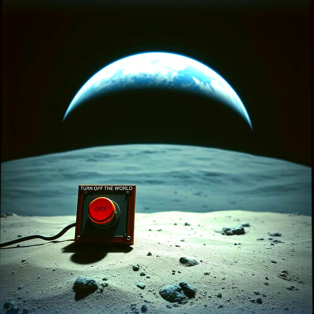 An off button is on a control that says, turn off the world, this control is on the floor of the moon ...  by @Wirgraff