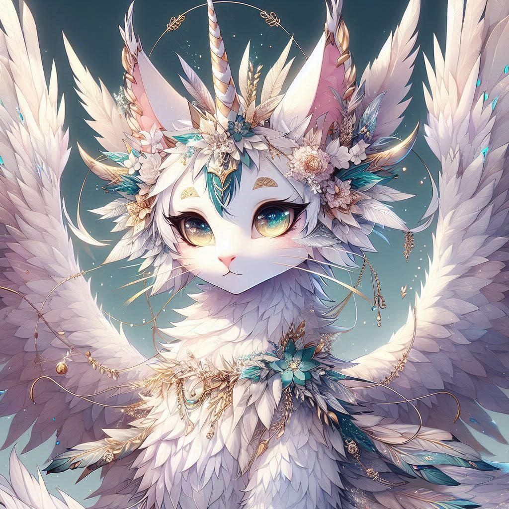 gold teal and pink and white cat dragon