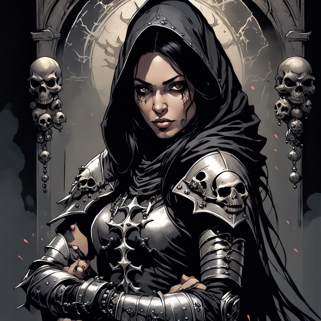 A female human cleric in a grimdark fantasy world, depicted ...
