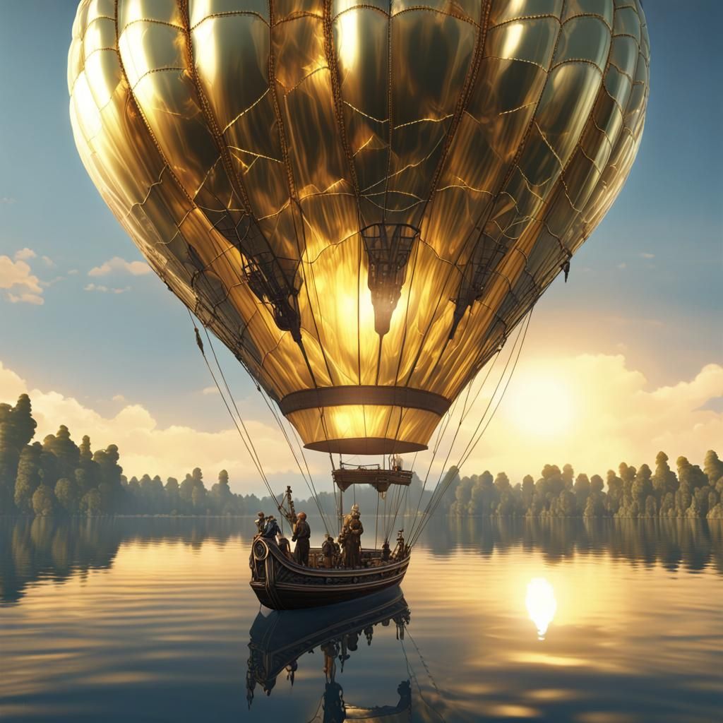 Photography, Unreal Engine 5, big hot air balloon fly on a lake, beer bottle shape, silver golden color ...  by @ByToi
