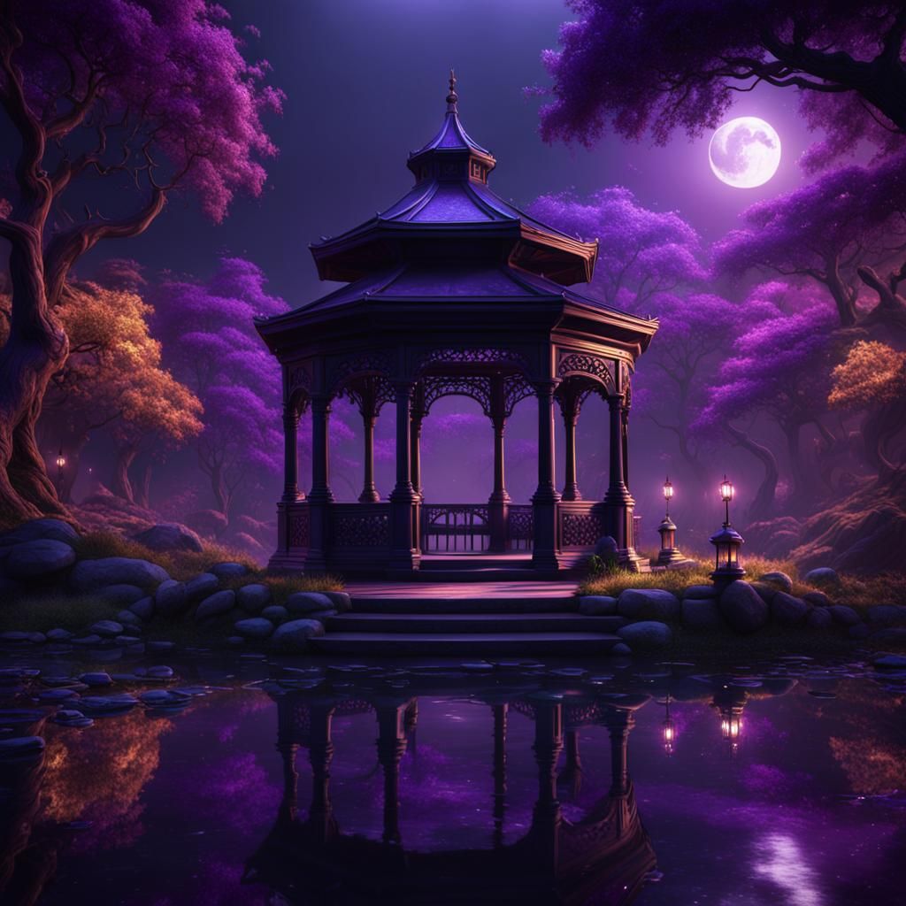 Dark park with dark purple gazebo