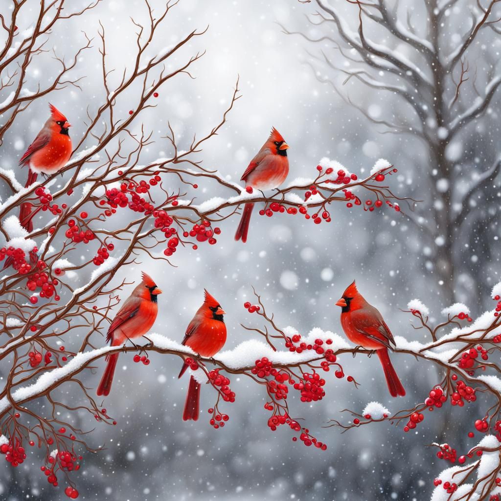 Three cardinals sitting on snow covered tree branches with red berries ...