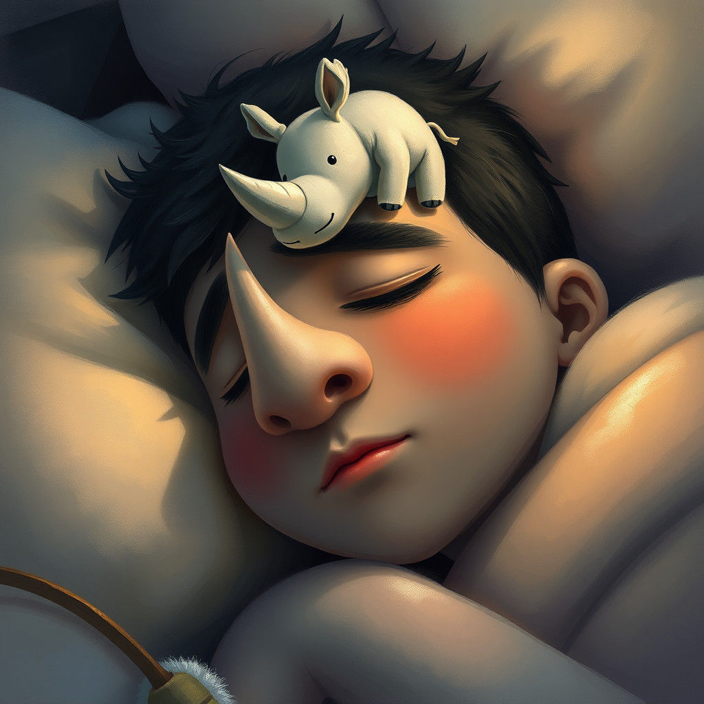 Man Asleep with Rhino Toy: Storybook Illustration