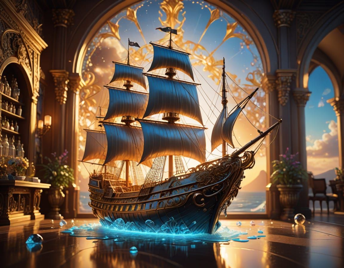 A breathtaking ship, bathed in radiant gold, its sails shimmering like woven sunlight, adorned with intricate ...  by @Voldemort