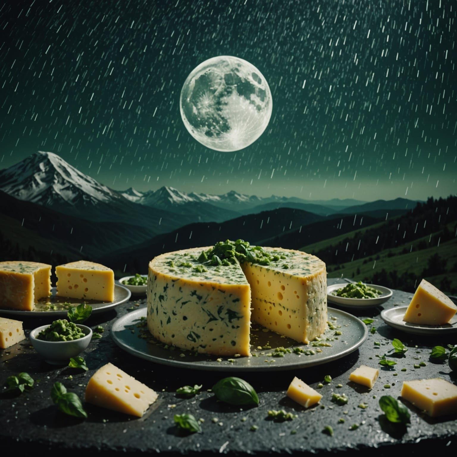 Cheese Moon with Pesto Rain, Cinematic Still