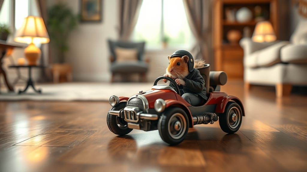 a small toy car with a real engine , simple enough for a hamster to operate , real hamster driving a ...  by @symon