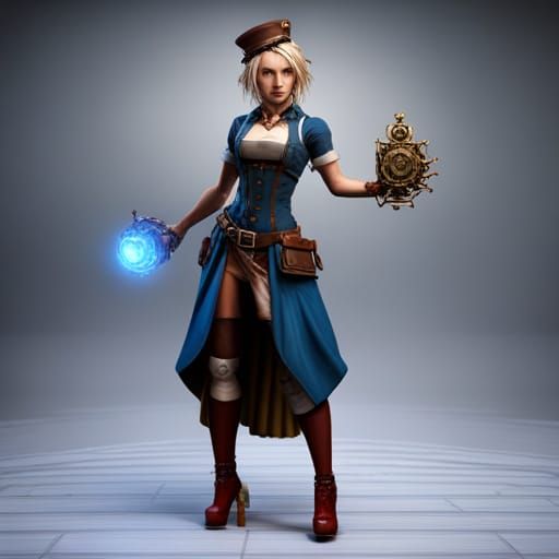 Front Full Body3d Steampunk Girl Blond Hair Blue Skirt Ai Generated Artwork Nightcafe 8246