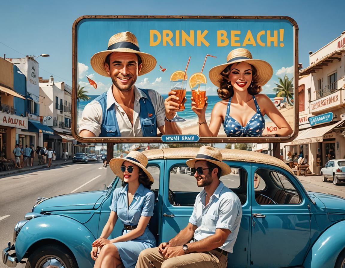 A man and a woman are traveling on a road in a blue car, they are wearing straw hats and see a billboard with the inscription: DRINK?” Sunny...