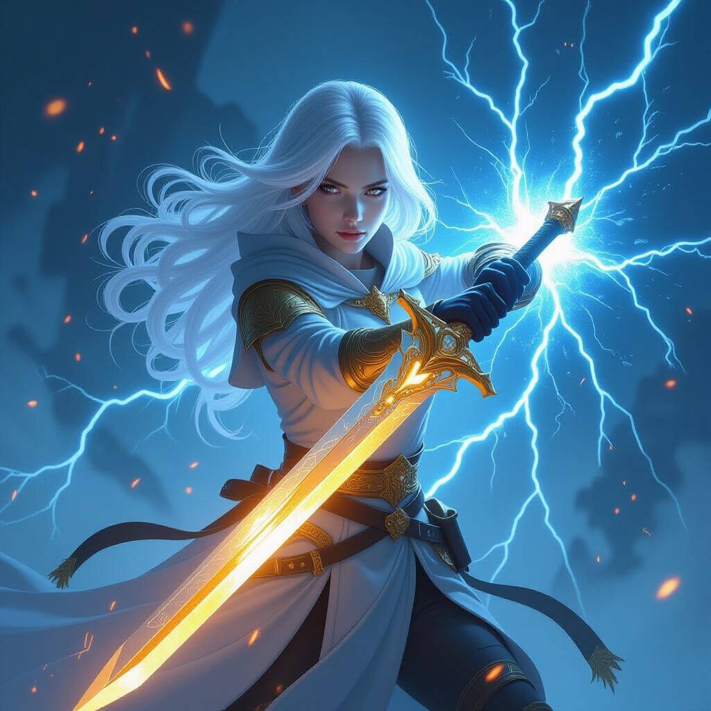 White-Haired Maiden With Golden Sword in Electric Field