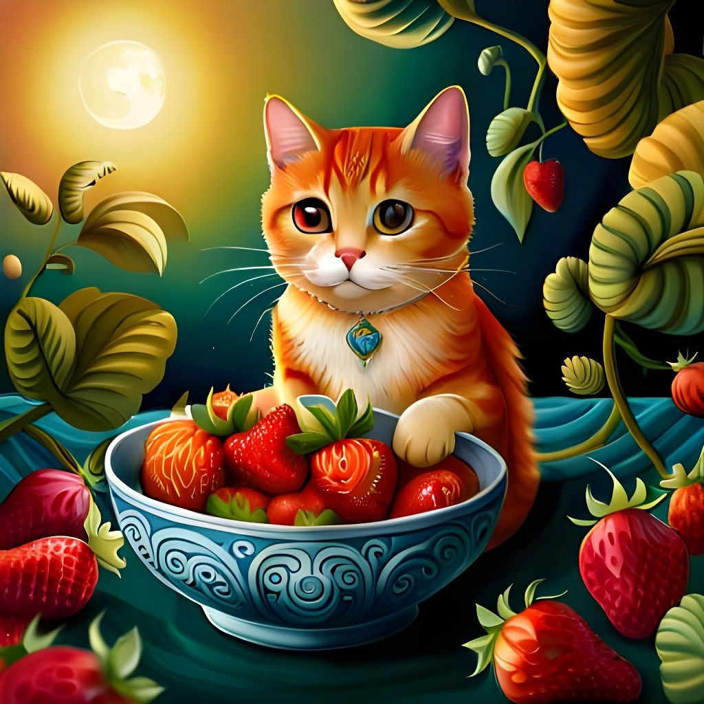 Fantasy art: Cute Cat with a Bowl Full of Strawberries - AI