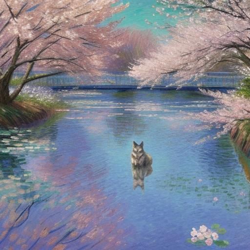 A WOLF BY A RIVER SURROUNDED BY BEAUTIFUL CHERRY BLOSSOM TRE...