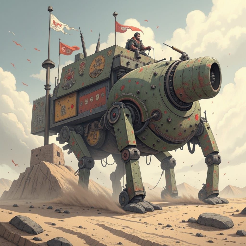  <lora:Japan-esque:1.0> Towering mech patrolling wasteland