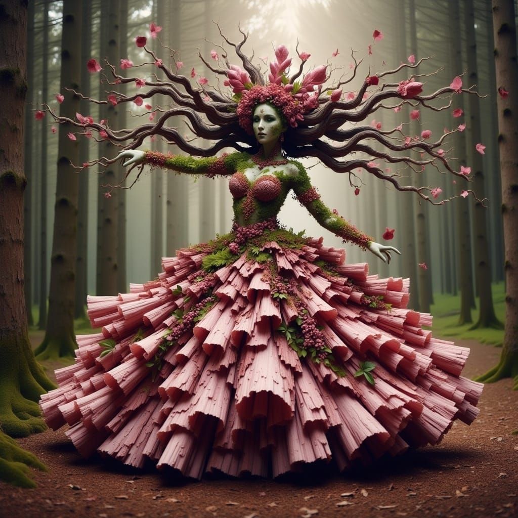 Woman in ballgown made of Sakura petals and bark <lora:Terra Flux:1.0> beautiful forest 