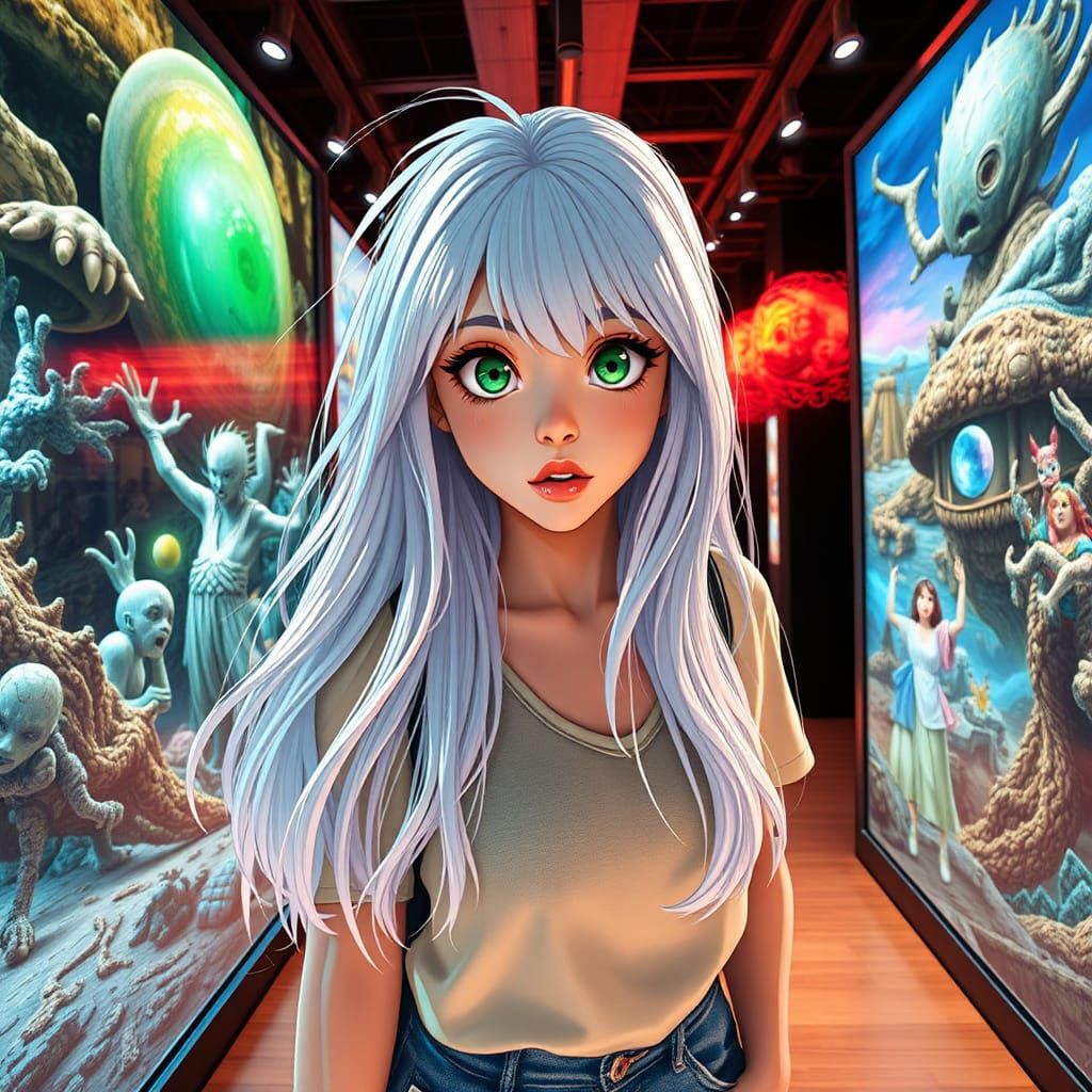 Woman in Trick Art Museum, Anime Style