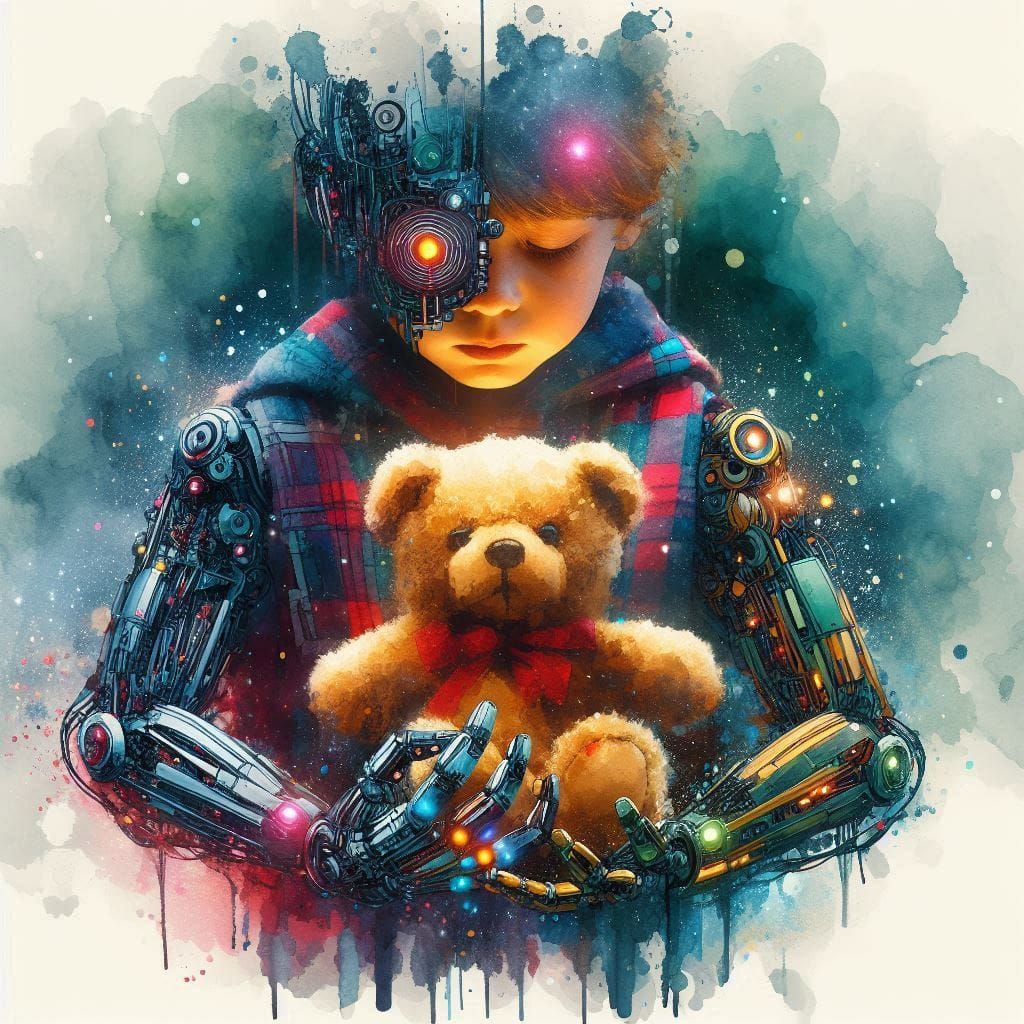 Cyborg child and teddy bear