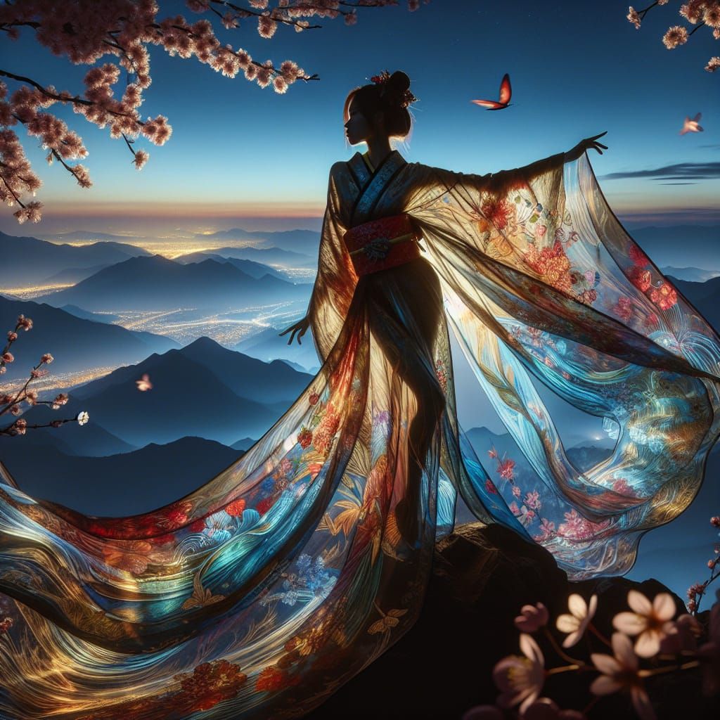 a beautiful silhouette of a japanese woman wearing a glass reflective colourful flowing silk kimono, ...  by @AutumnBear