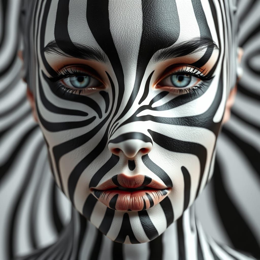 Woman's Face in Op Art-Inspired, Hyper-Realistic 3D Sculptur...