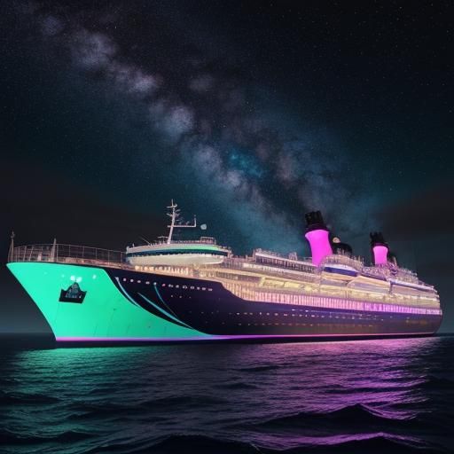 {
  "main_prompt": "A boat adorned with radiant neon stripes...