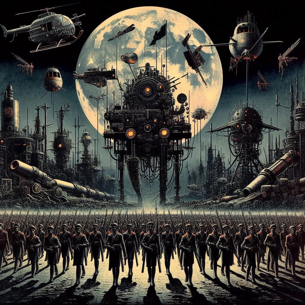 War machines hum a catchy tune, As soldiers march beneath the moon. The wealthy cheer, the poor do die, But hey, at leas...