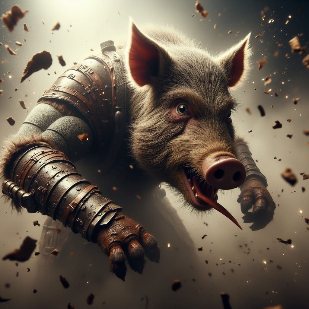  <lora:Battle Animals Flux:1.0> Anthropomorphic Battle Animal Pig