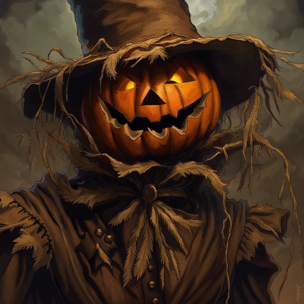close up of a scarecrow with a scary jack-o-lantern head sinister by ...