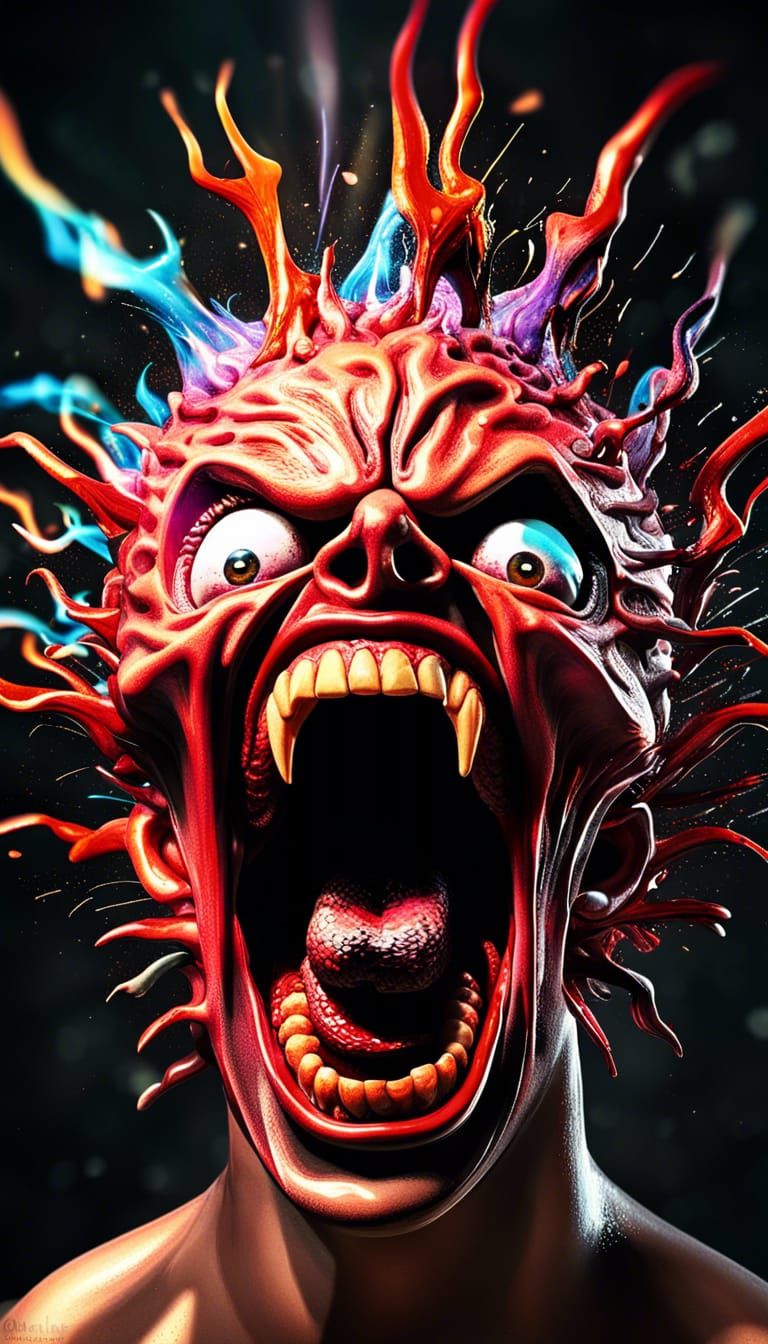 exploding brain with demonic eyes and screaming mouth Hyperr...