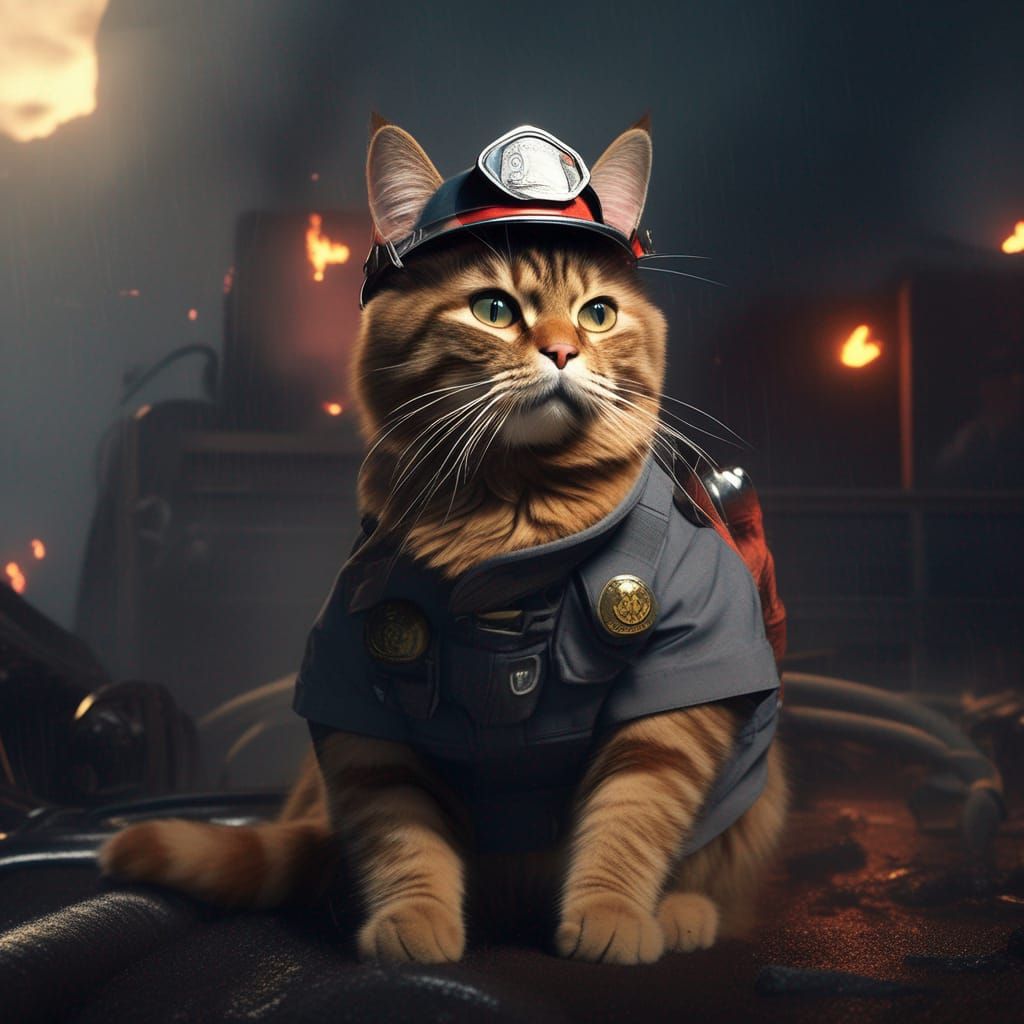 A Cat as a firefighter   by @Jimmy James