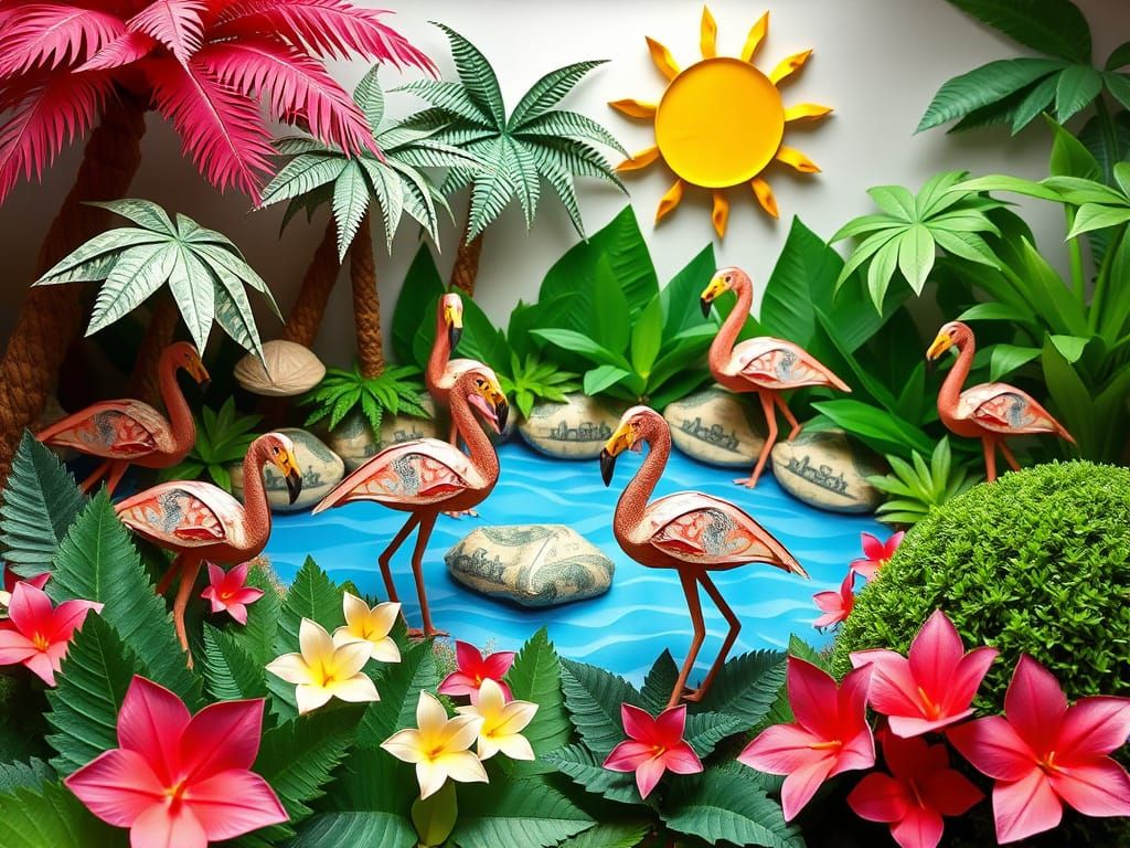 A tropical origami garden featuring flamingos, dollar bills folded into intricate shapes, trees, water, and a sun, all crafted from origami....
