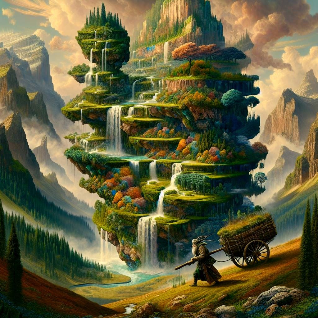 GEDIMINAS PRANCKEVICIUS art of a giant carrying a layered landscape on his back, waterfalls and mountains, color harmony highly detailed dig...