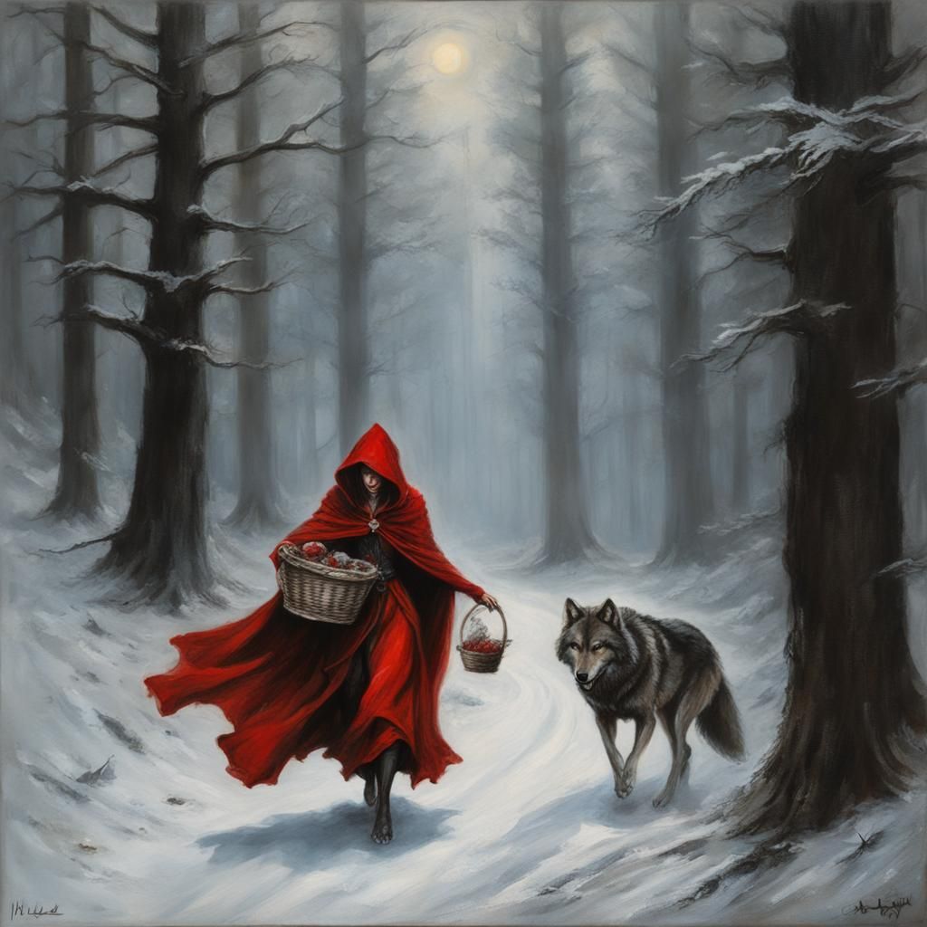 Little Red Riding Hood carrying a basket through the woods s...