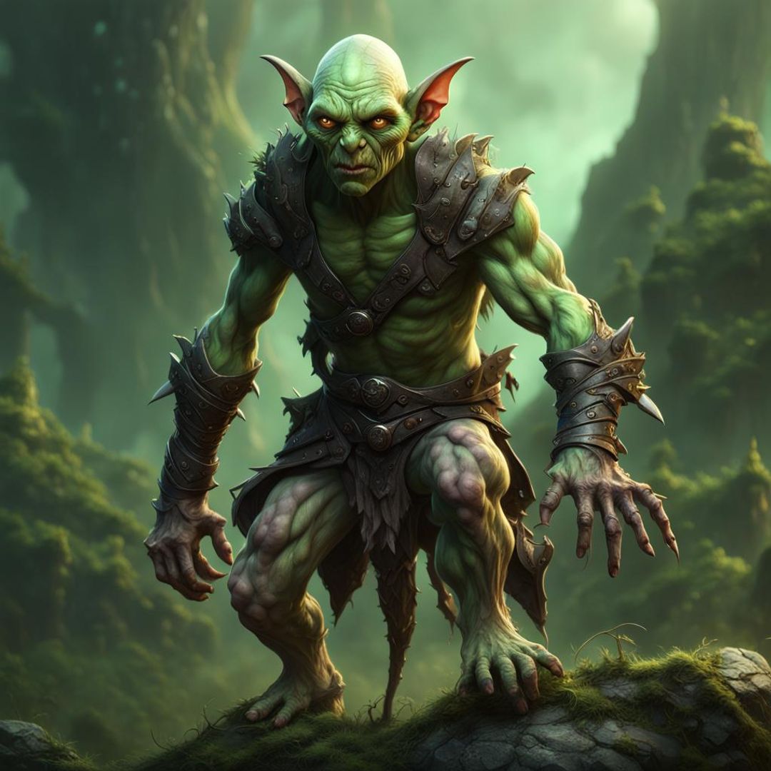 a pale mutated goblin, his skin is ashy as he is surrounded by green ...