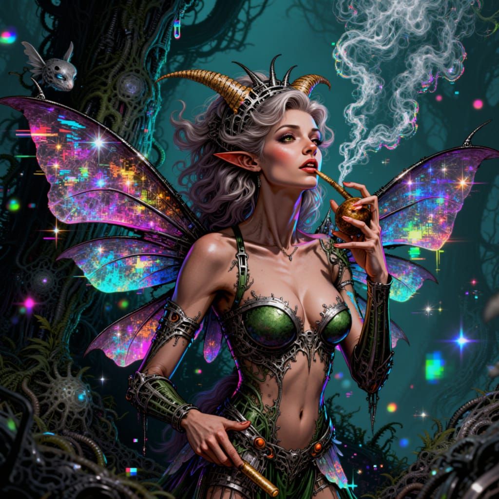 <lora:Xcore:1.0> an extreme fairy smoking a joint, in the style of Xcore