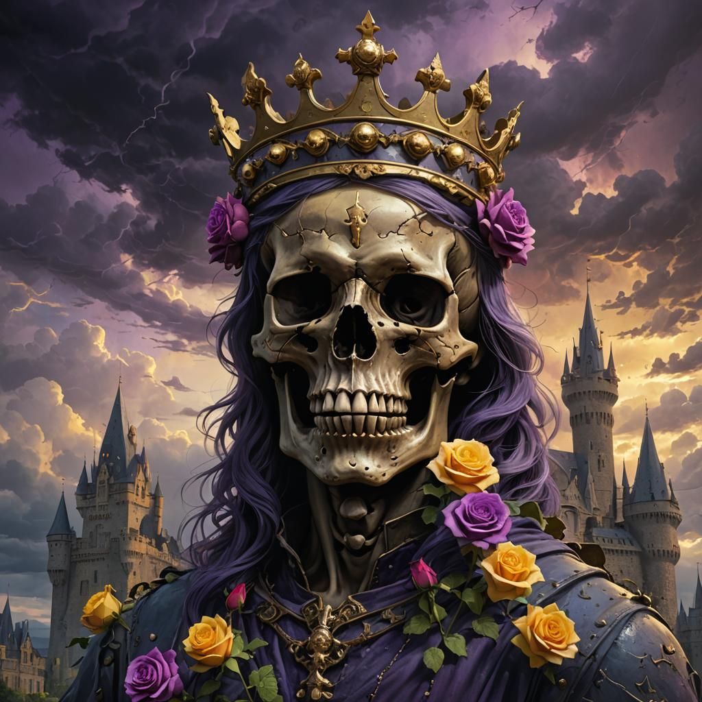 Symbolic image of a skull wearing a crown, with a red rose g...