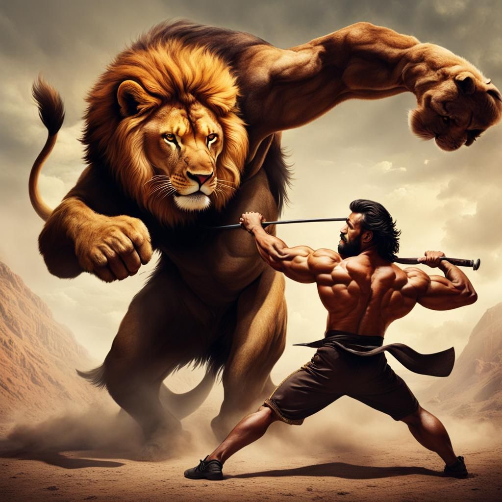 A lion fighting a strong man
